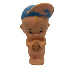 Vintage 1960s Rubber Toy Boy Figurine With Blue Cap Holding Catcher's Mitt